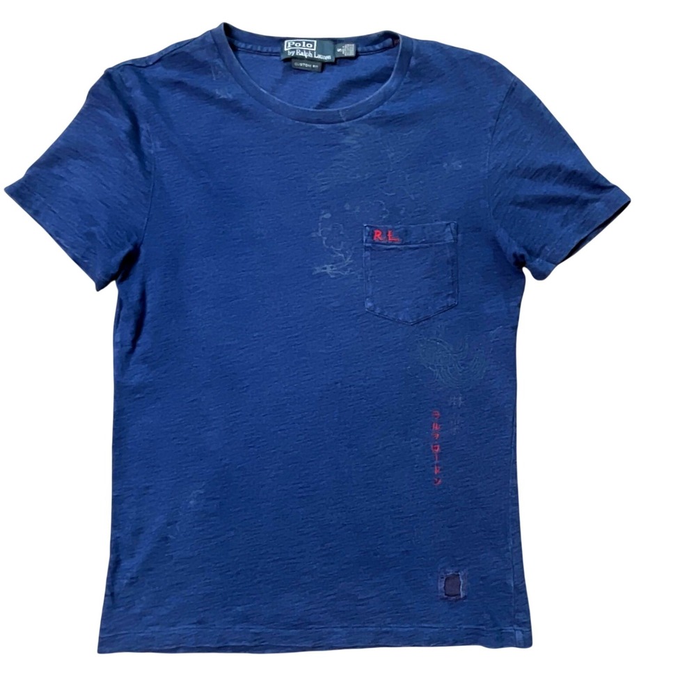 Polo Ralph Lauren Mens Blue Slub Pocket T-Shirt Japanese Dragon Graphic Small
